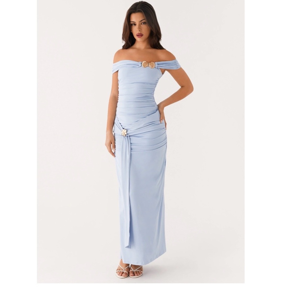 Blue maxi dress with gold accents